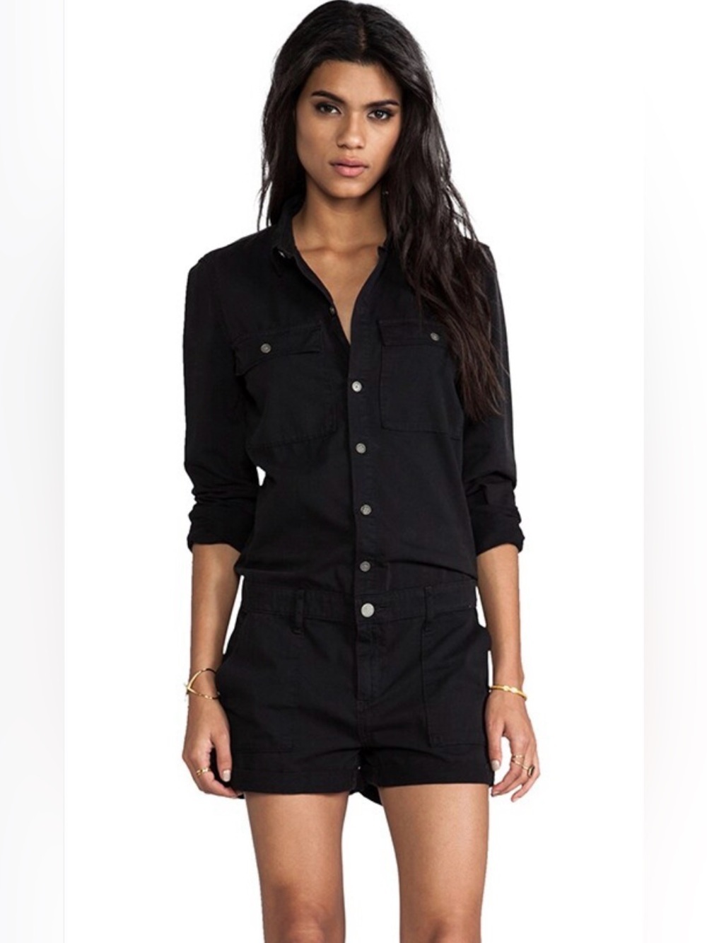 PAIGE Jackson Romper Black Utility Button Front Cotton Size Medium